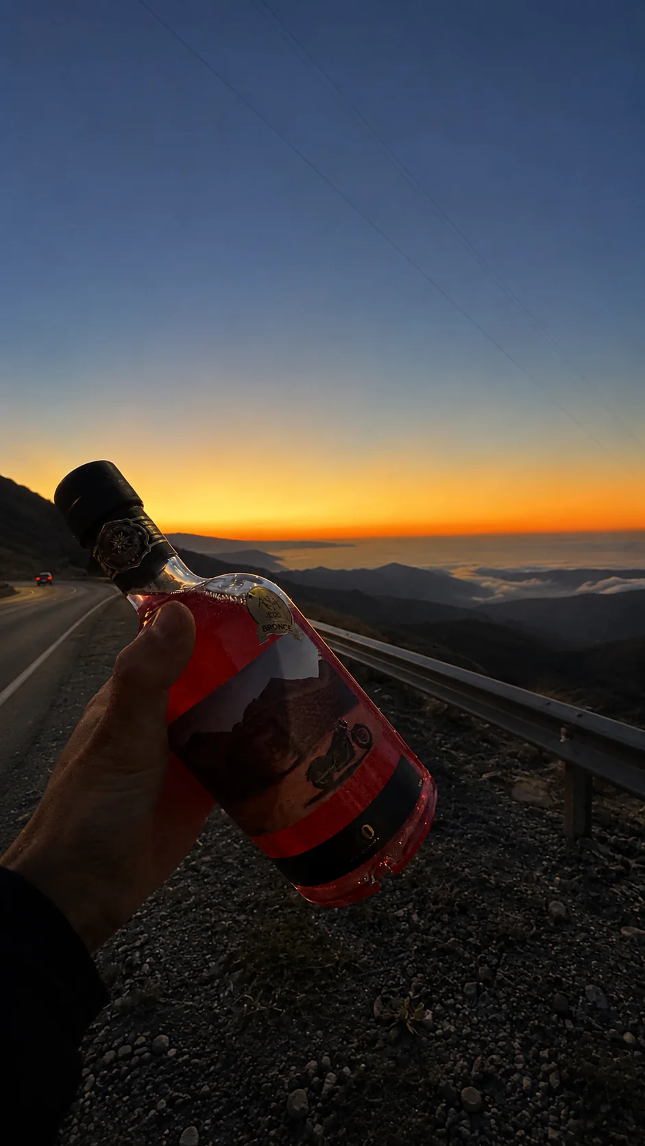 Botella de Gin 4040 Floral sostenida junto a una ruta de montaña al atardecer