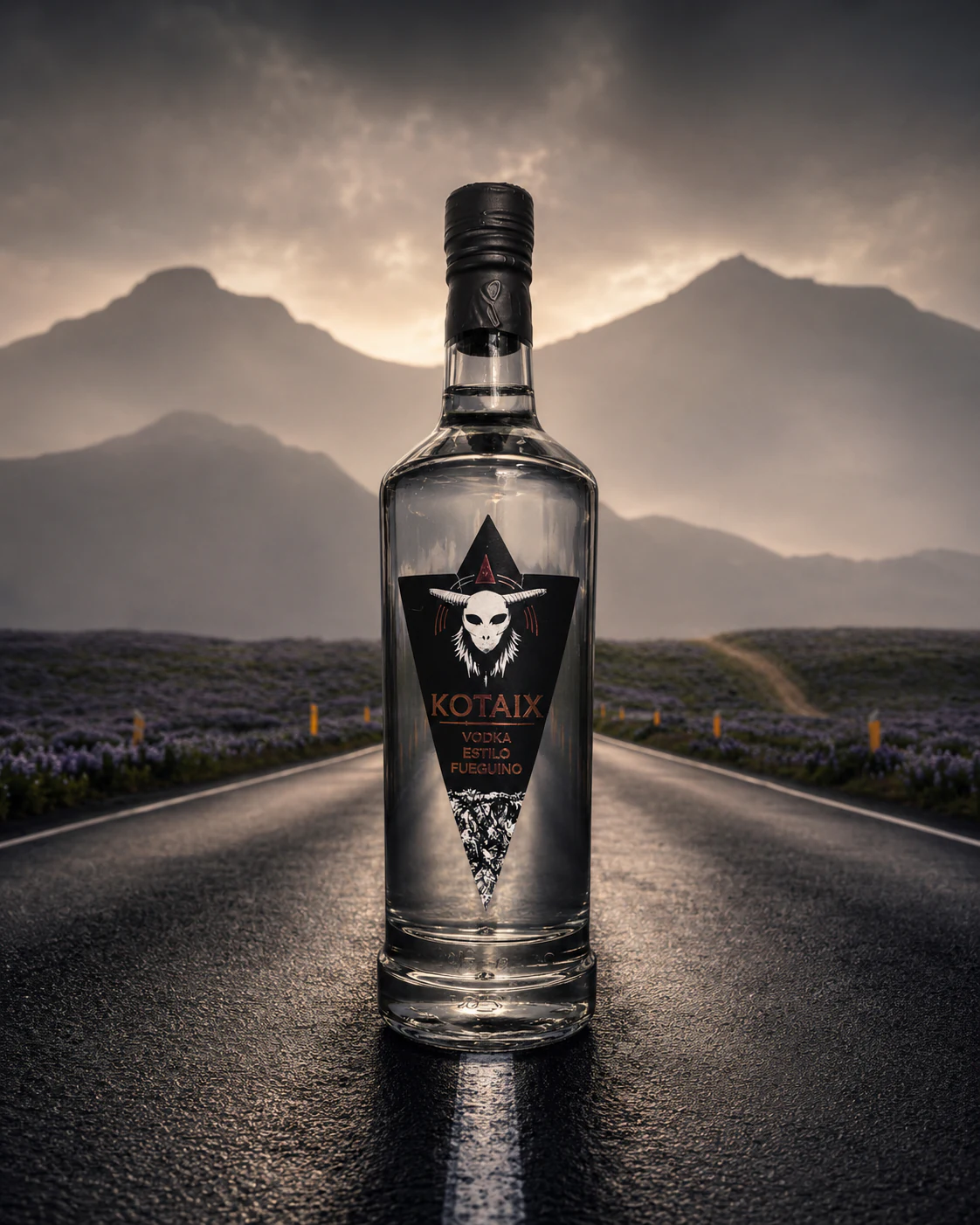 Botella de Kotaix Vodka sobre una ruta entre montañas